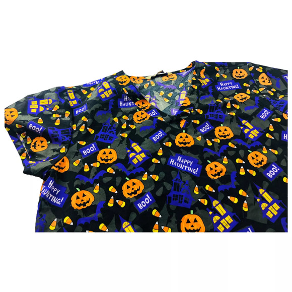 Lot of 2 Womens Halloween Scrubs Top Pumpkin Candy Corn Allover Print Small - Picture 3 of 9